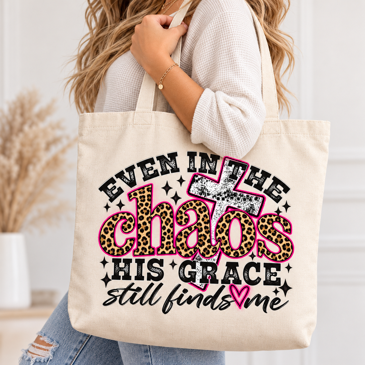 Even in the Chaos leopard print faith design on natural canvas tote