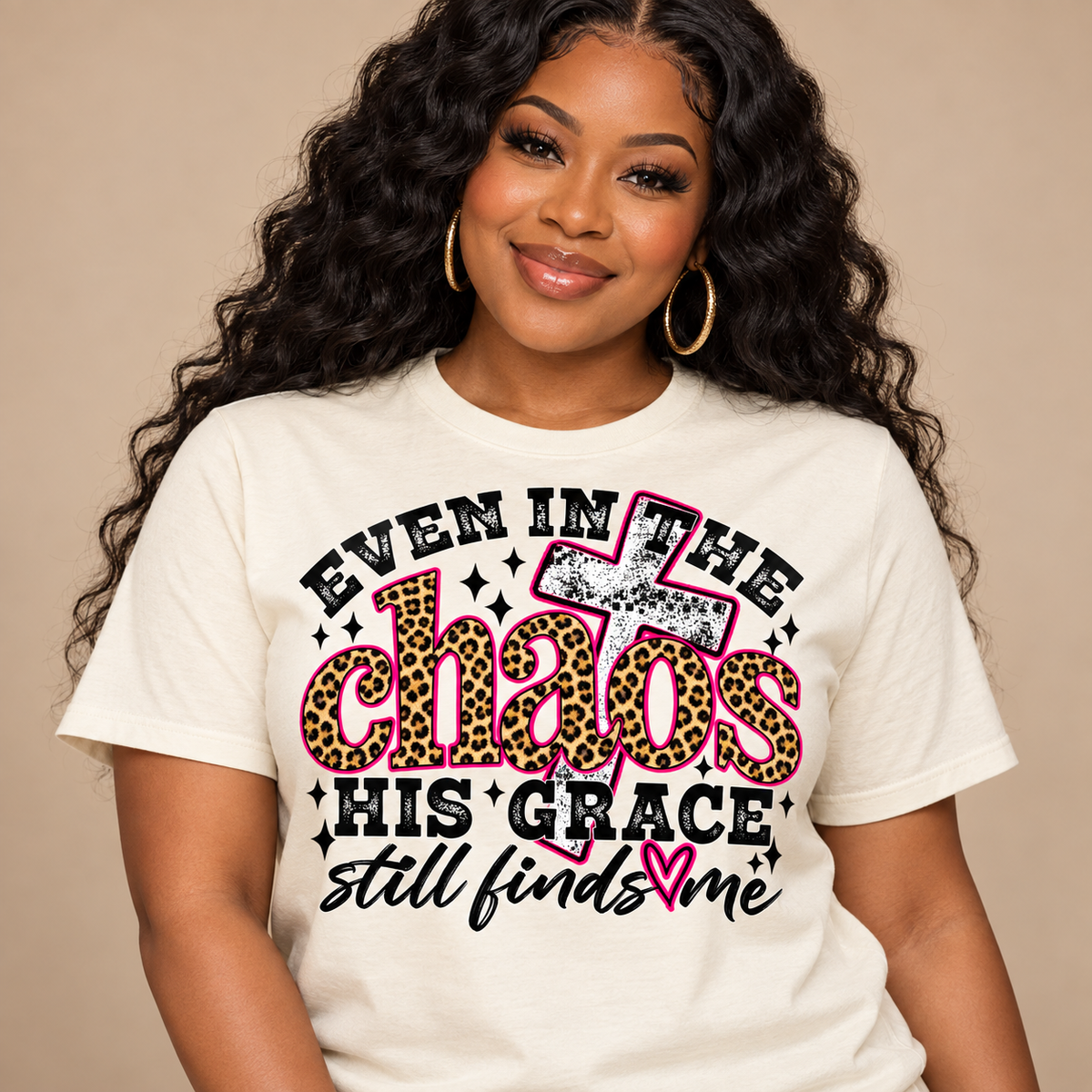 Cream Even in the Chaos His Grace Still Finds Me T-shirt modeled on woman