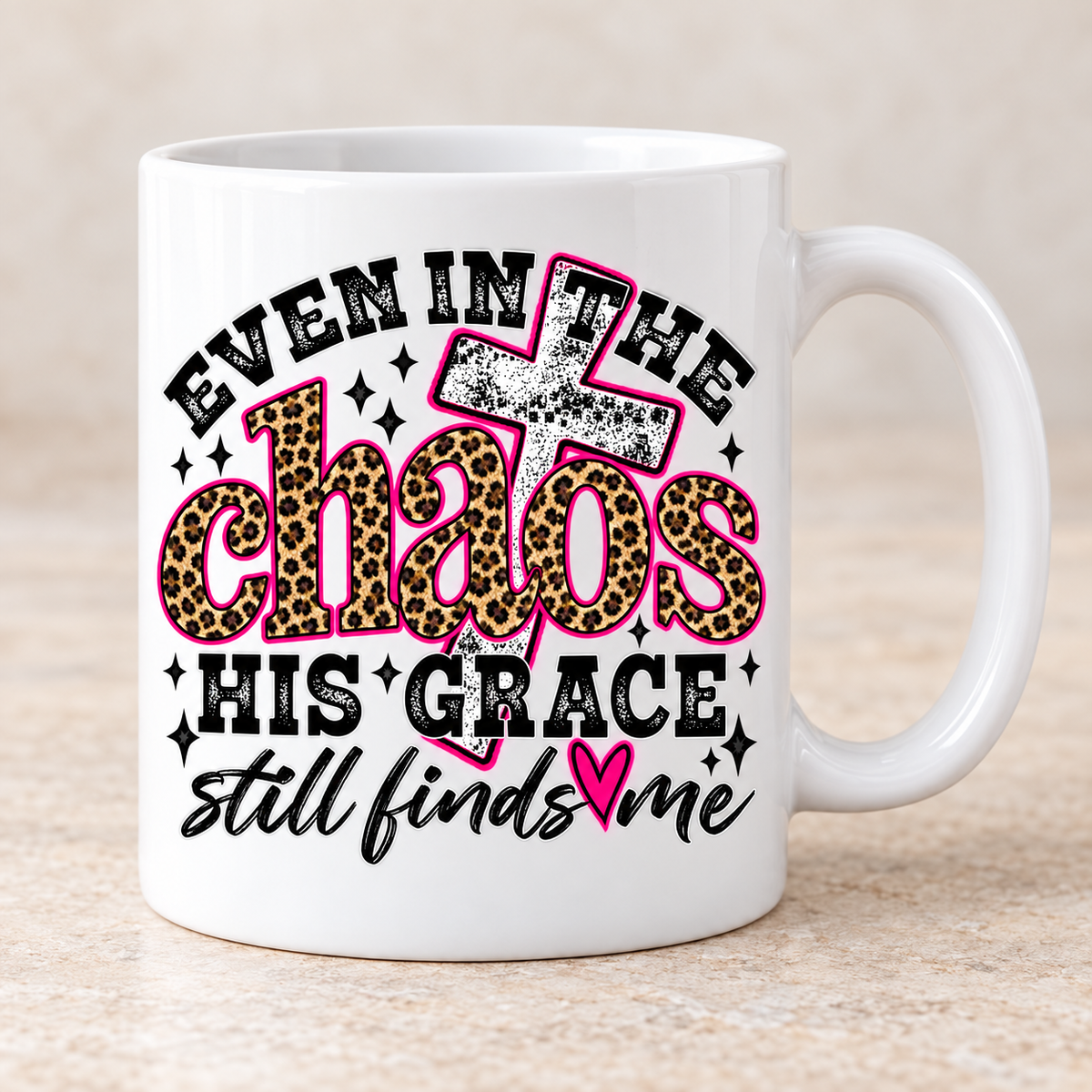 White coffee mug mockup with Even in the Chaos leopard print faith design
