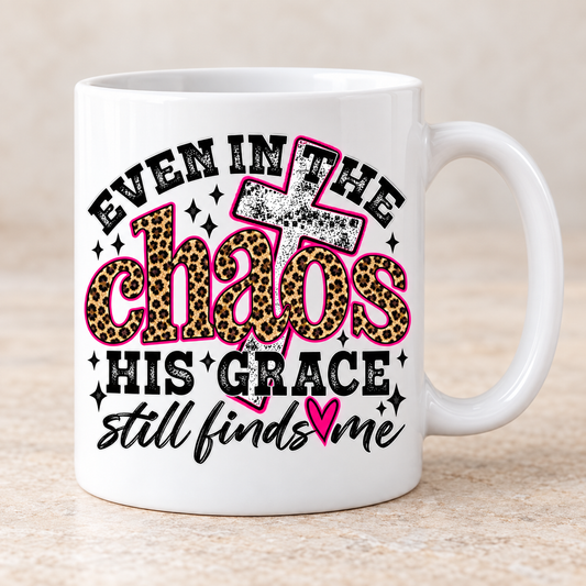 White coffee mug mockup with Even in the Chaos leopard print faith design